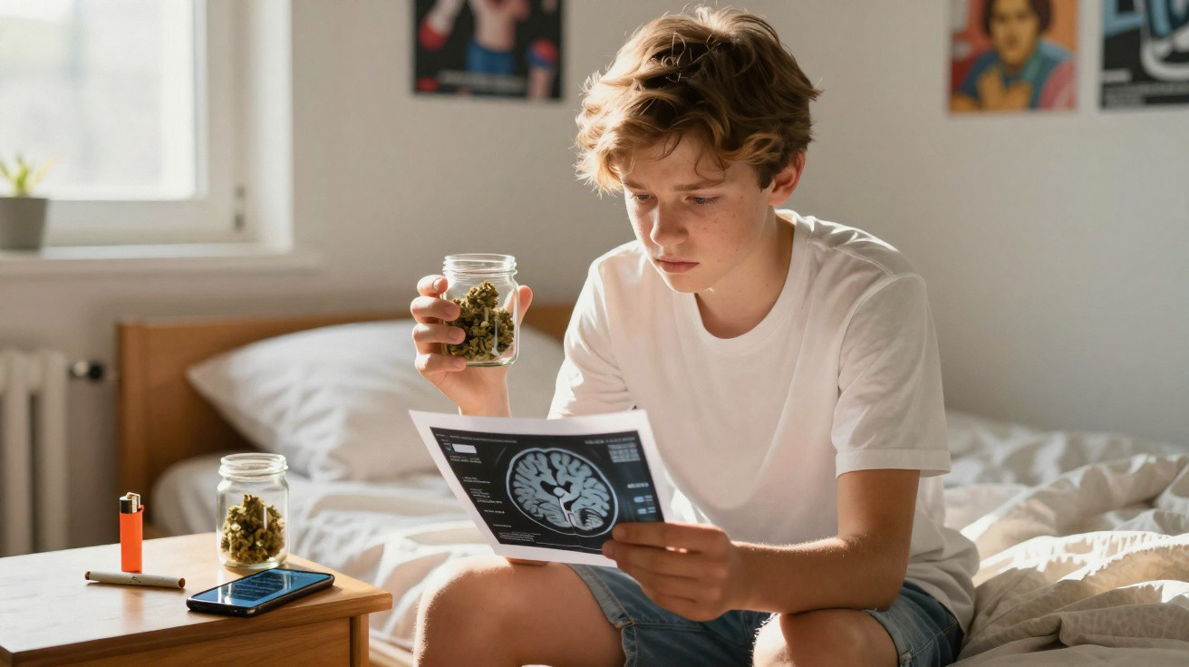 Junge sitzt auf Bett, hält Marihuana-Glas und betrachtet aufmerksam ein Bild von einem Gehirnscan.
