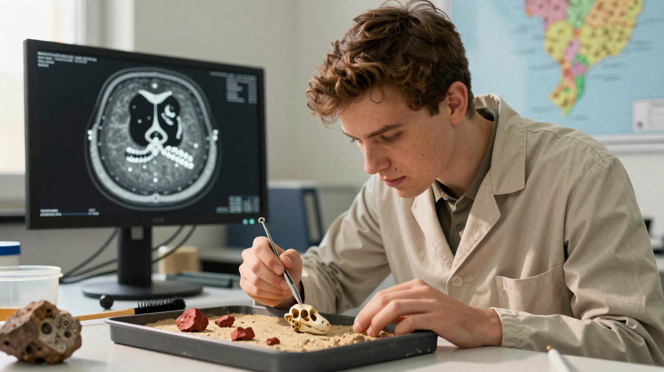 Junger Wissenschaftler untersucht Fossil mit Pinzette im Sandkasten vor Computermonitor mit Schädel-Scan.