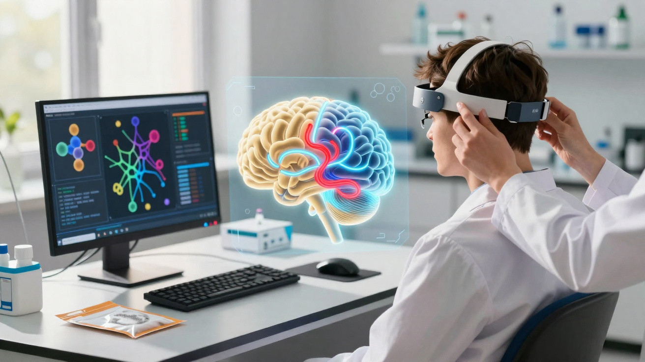 Zwei Wissenschaftler mit Virtual-Reality-Brille analysieren ein 3D-Hirnmodell am Computer in Laborumgebung.