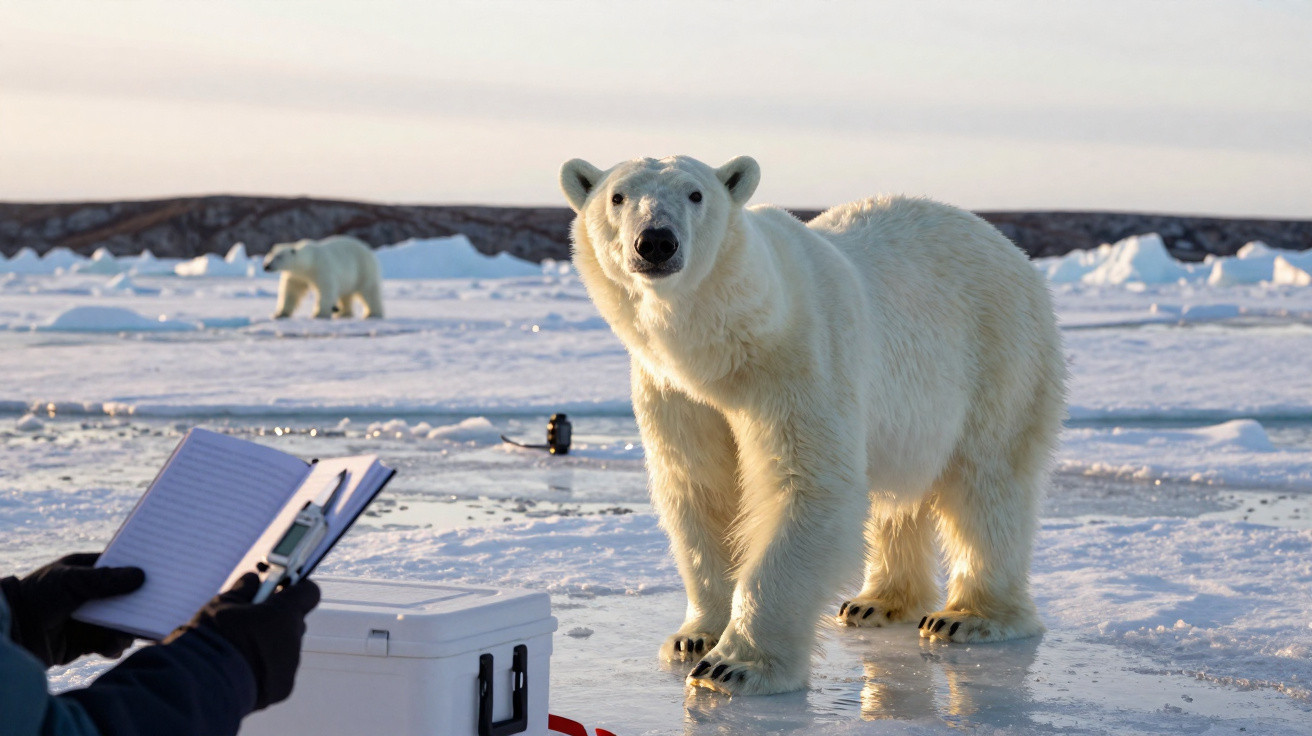 Eisbär steht interessiert auf vereistem Meer, im Hintergrund ein weiterer Eisbär, Person hält Notizbuch.