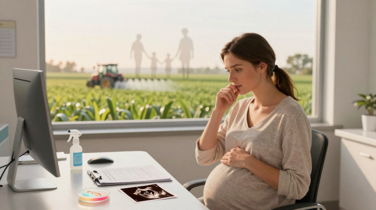 Schwangere Frau sitzt nachdenklich am Tisch mit Ultraschallbild, außen Feld mit Traktor und Familienumriss.