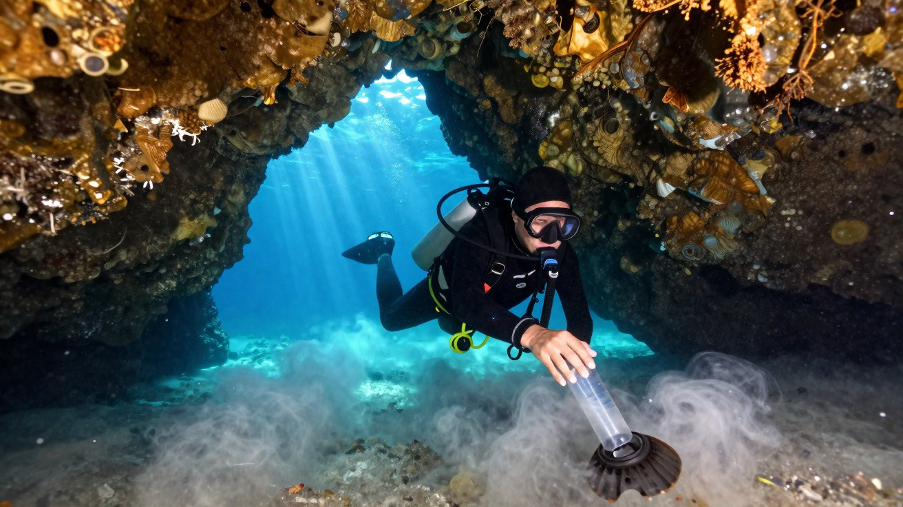 Taucher erkundet unter Wasser eine Höhle mit viel Leben an den Felsen, Lichtstrahlen durchbrechen das Wasser.