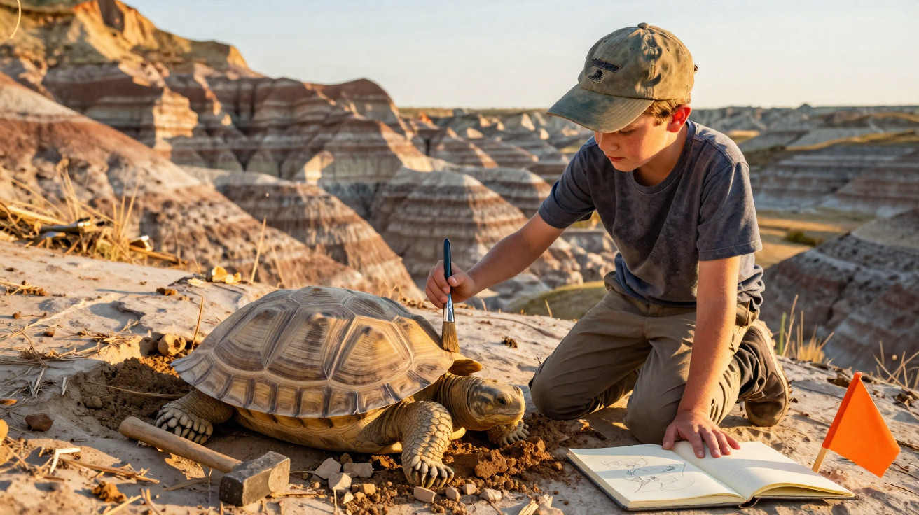 Junge mit Mütze malt eine große Schildkröte in einer felsigen Wüstenlandschaft an.