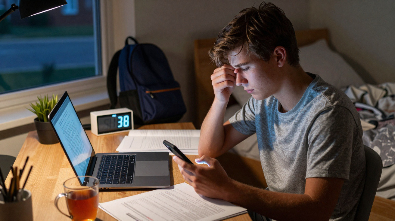 Junger Mann sitzt abends am Schreibtisch, schaut nachdenklich auf sein Handy, Laptop und Unterlagen liegen ausgebreitet.