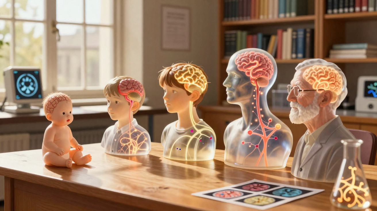 Veranschaulichung der Gehirnentwicklung von Babys bis Senioren mit transparenter Anatomie im Klassenzimmer.