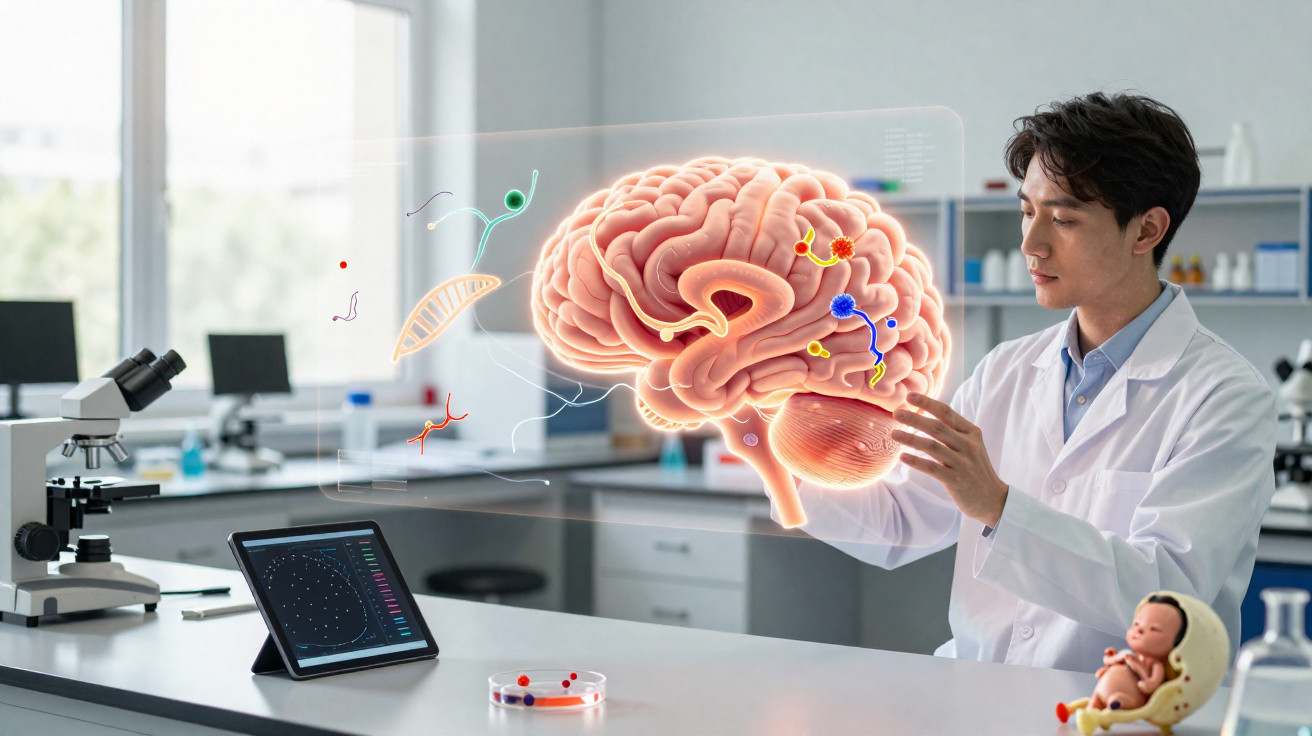 Wissenschaftler im Labor analysiert digitale 3D-Gehirnprojektion neben Mikroskop und Tablet.