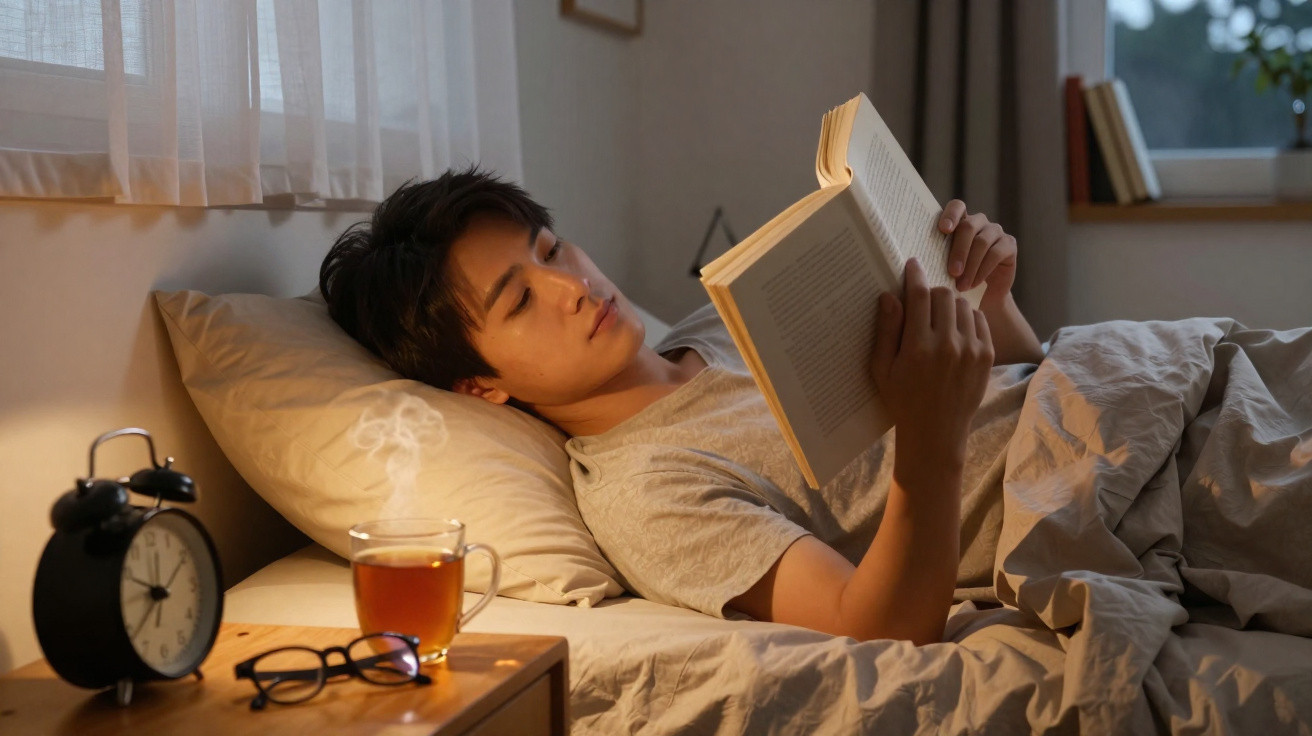 Mann liest entspannt Buch im Bett, neben Nachttisch mit Wecker, Brille und dampfender Tasse Tee.