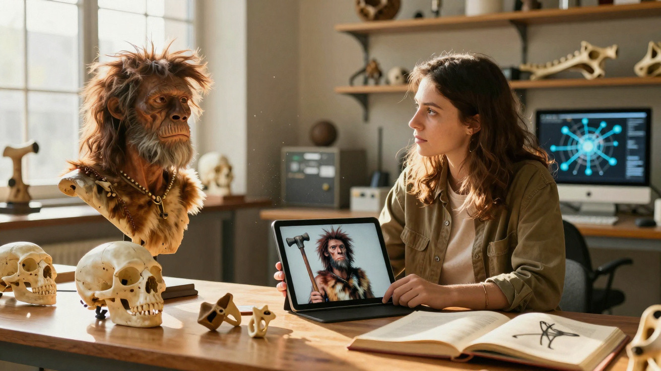 Frau im Labor untersucht prähistorisches Menschenmodell und zeigt digitales Bild eines frühen Menschen am Tablet.