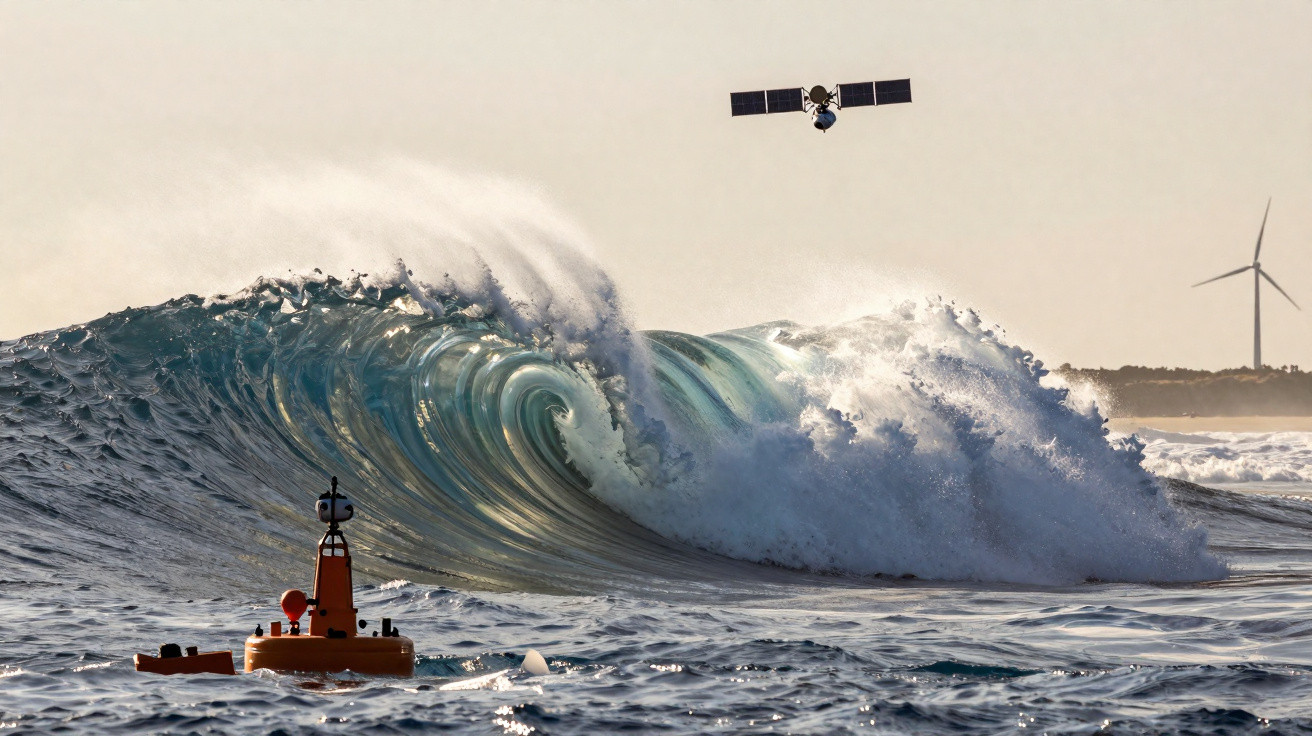 Große Welle im Meer mit Messboje, Windkraftanlage am Ufer und Satellit am Himmel bei klarem Wetter.