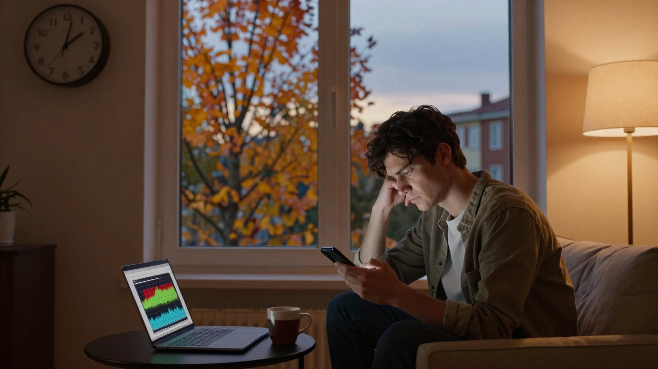 Junger Mann sitzt abends am Fenster mit Laptop und Smartphone, konzentriert und nachdenklich.
