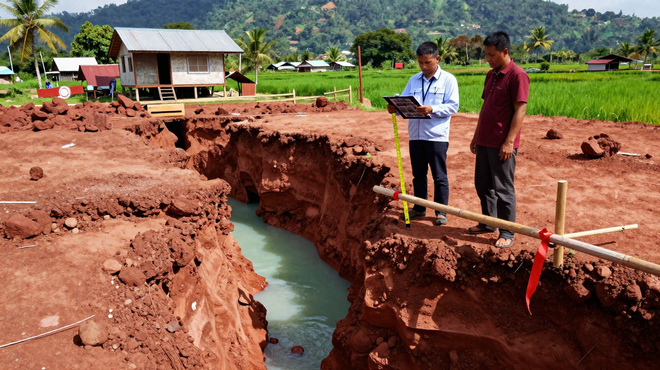 Zwei Männer vermessen einen Graben mit Wasser auf einer Baustelle in ländlicher, bewaldeter Umgebung.