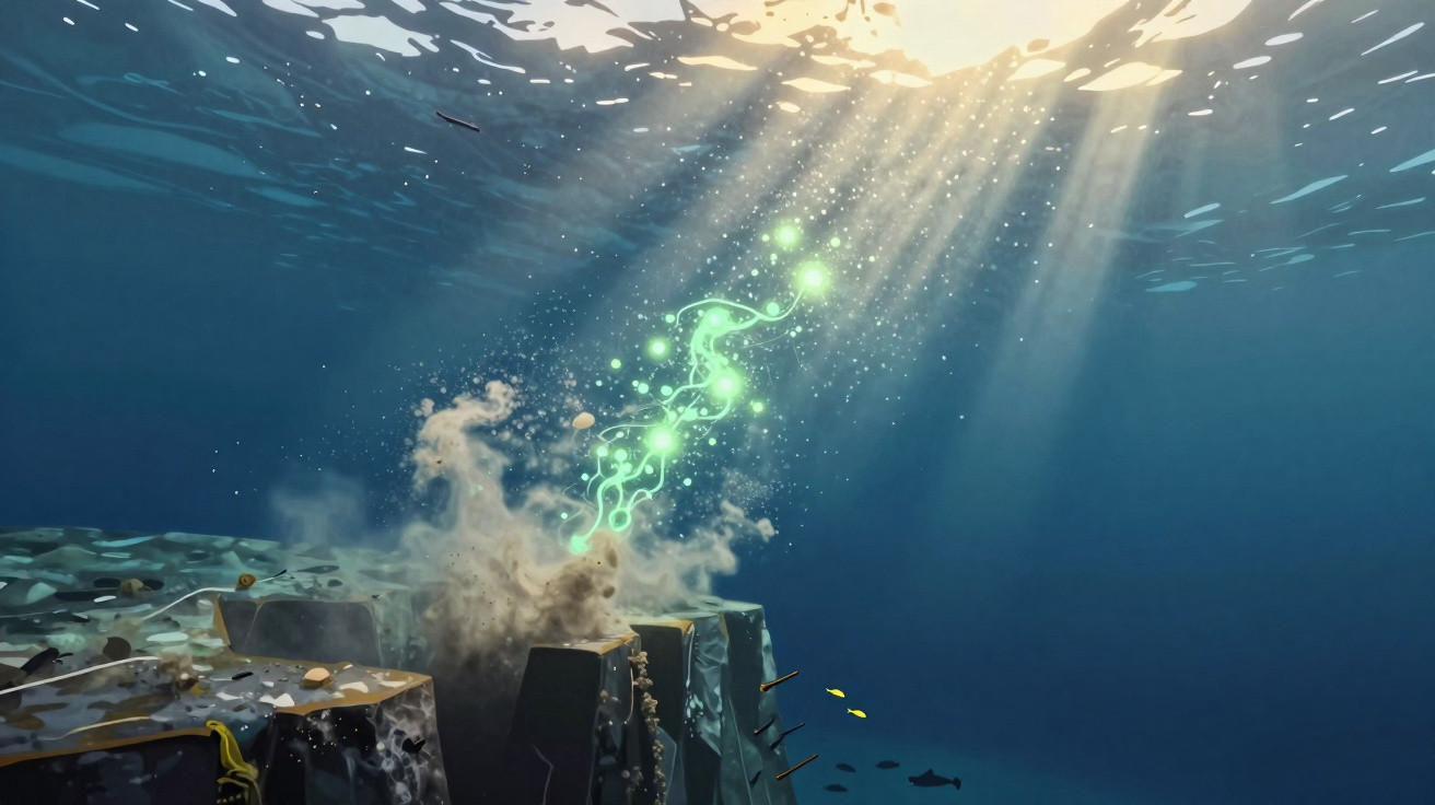 Unterwasser-Szene mit Lichtstrahlen, glühenden Partikeln und Felsen am Meeresgrund.
