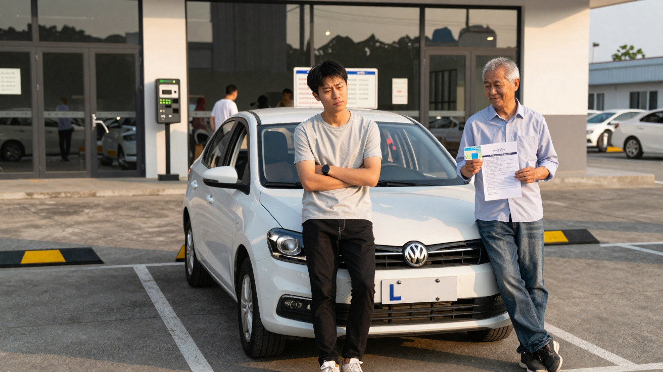 Zwei Männer lehnen an einem weißen Volkswagen, einer hält Dokumente und Führerschein in der Hand.