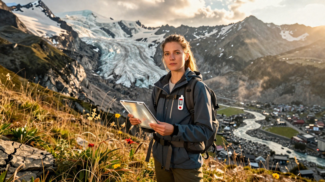 Junge Frau mit Rucksack hält Tablet in Berglandschaft mit Gletscher, Fluss und Dorf im Hintergrund.