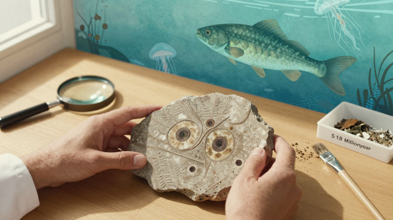 Person hält versteinertes Fossil mit mehreren Ammoniten vor einer Wand mit Fisch- und Quallenillustration.