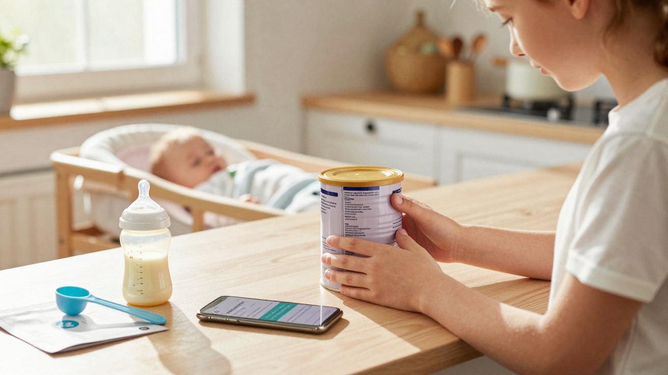 Frau liest auf Handy, hält Babynahrung, Baby schläft in Wiege im Hintergrund in heller Küche.