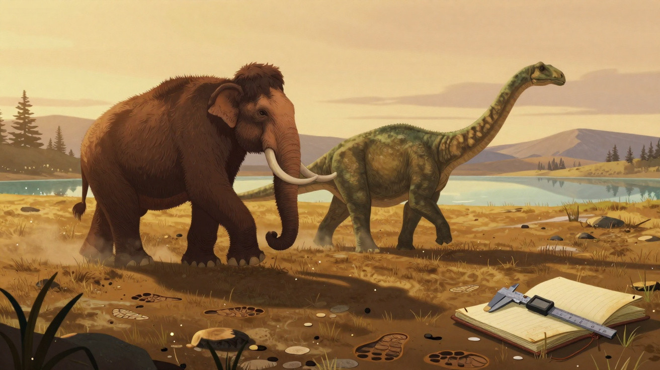 Illustration eines Wollmammuts und eines Dinosauriers neben einem See mit Fußspuren und Messwerkzeug im Vordergrund.