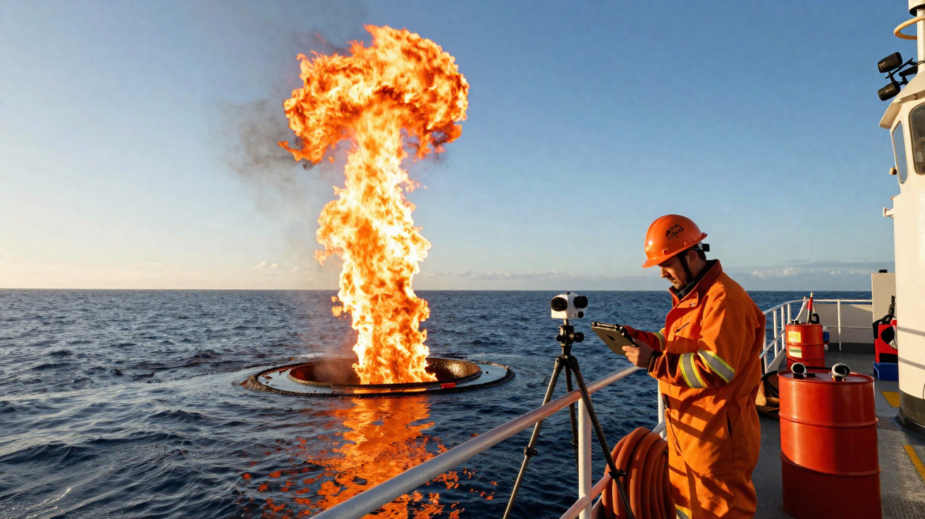 Mitarbeiter in Schutzanzug überwacht Flammenfackel auf See von einem Schiff aus bei klarem Wetter.