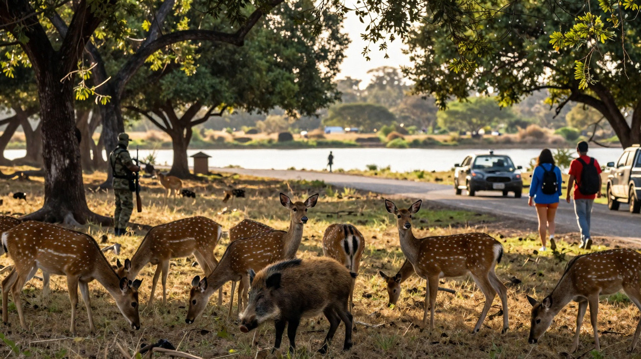 Eine Gruppe Rehe und ein Wildschwein im Schatten von Bäumen nahe einer Straße mit Spaziergängern und Autos.