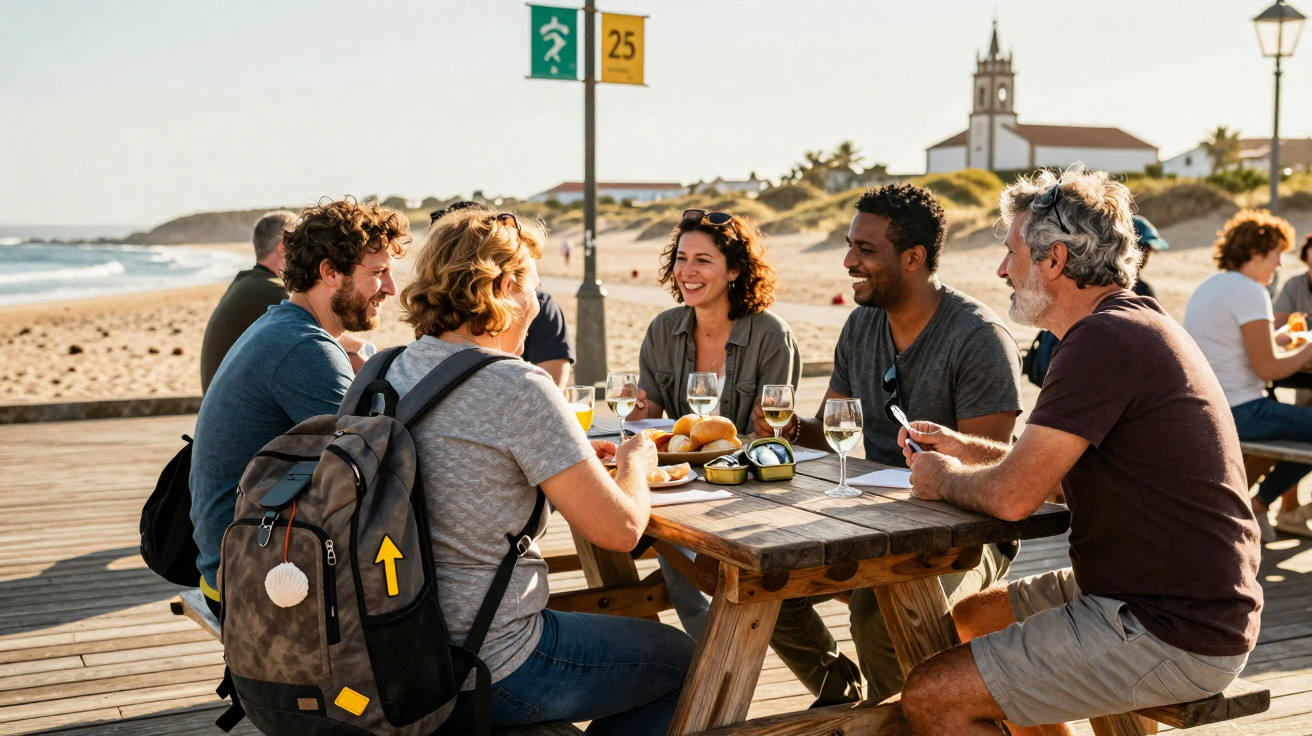 Gruppe von Freunden sitzt am Strand an einem Holztisch, trinkt Wein und unterhält sich bei Sonnenschein.