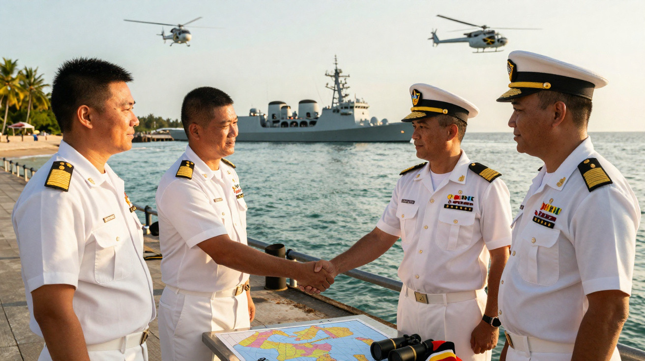 Vier Marineoffiziere in Uniform schütteln sich am Hafen die Hand, zwei Hubschrauber und ein Kriegsschiff im Hintergrund.
