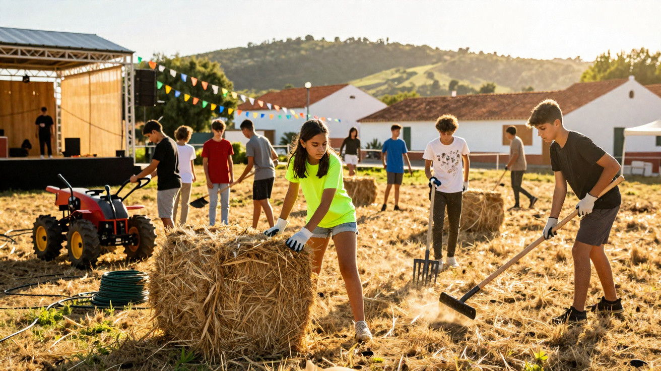 Kinder arbeiten zusammen auf einem Feld mit Heuballen und Gartengeräten bei sonnigem Wetter.