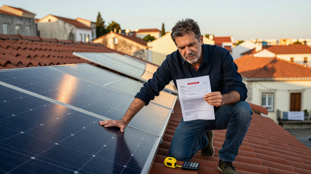 Mann auf Dach neben Solarpanelen, liest besorgt einen Brief, Taschenrechner und Maßband liegen daneben.