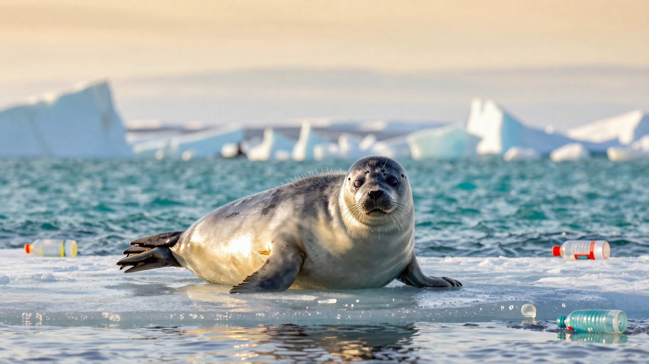 Robbe liegt auf einer Eisscholle im Meer, umgeben von Plastikmüll und Eisbergen im Hintergrund.