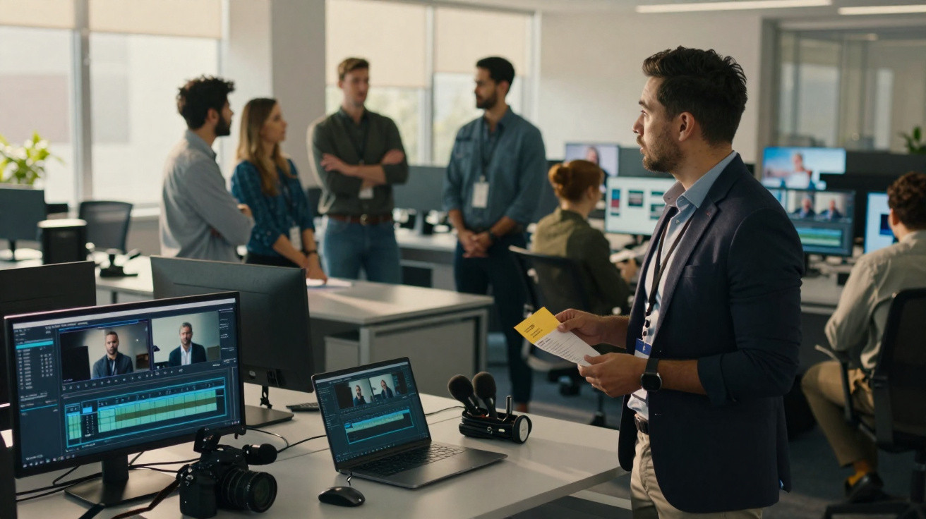Team in einem modernen Büro arbeitet an Video- und Audiobearbeitung mit mehreren Bildschirmen und Kameraausrüstung.