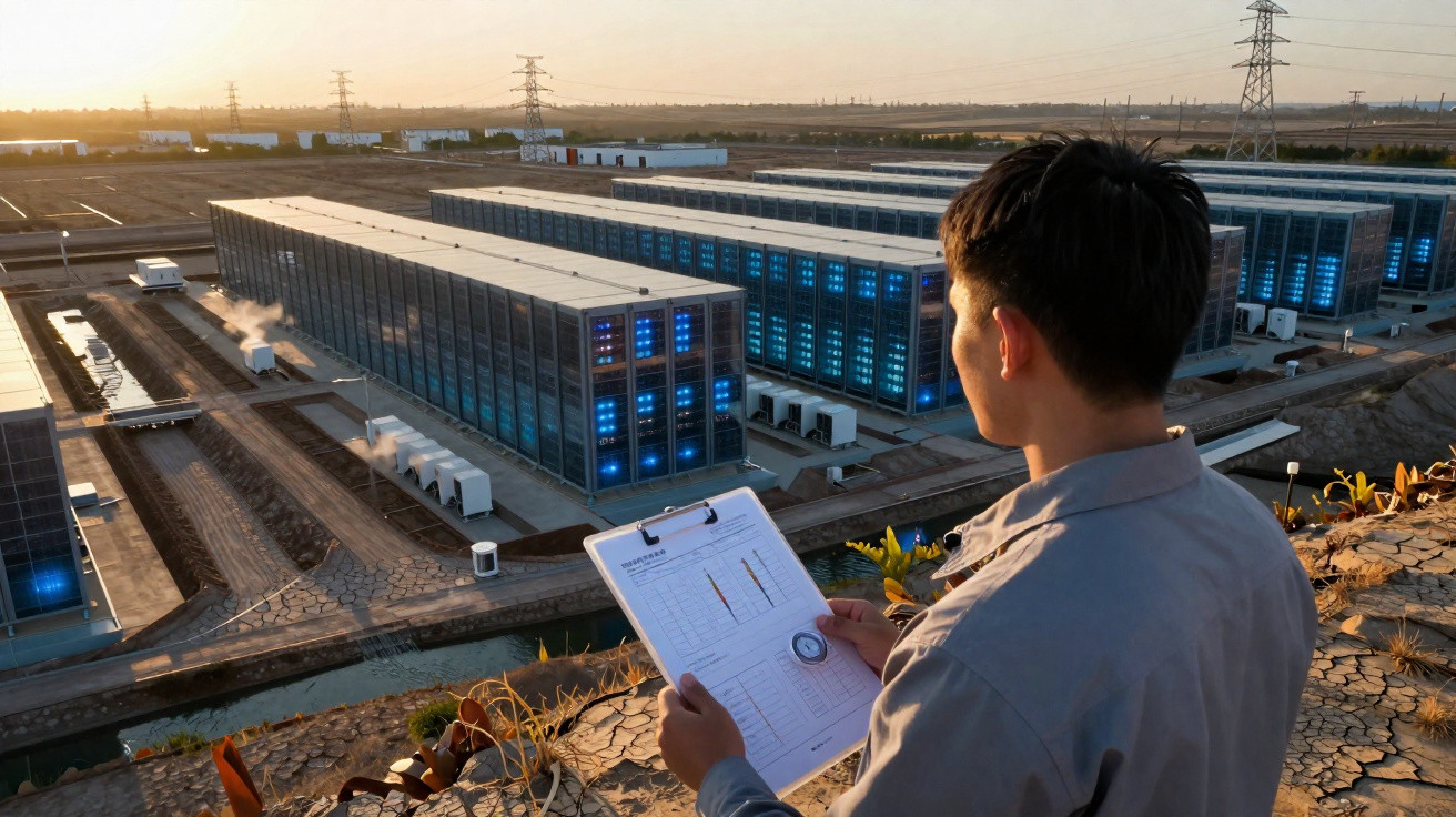 Person mit Klemmbrett überwacht Außenanlage eines Rechenzentrums mit Server-Racks bei Sonnenuntergang.