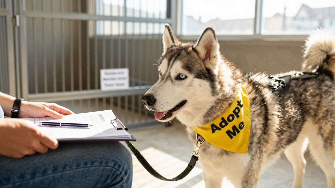 Siberian Husky mit gelbem Halstuch "Adopt Me" in Tierheim, neben Person mit Klemmbrett.