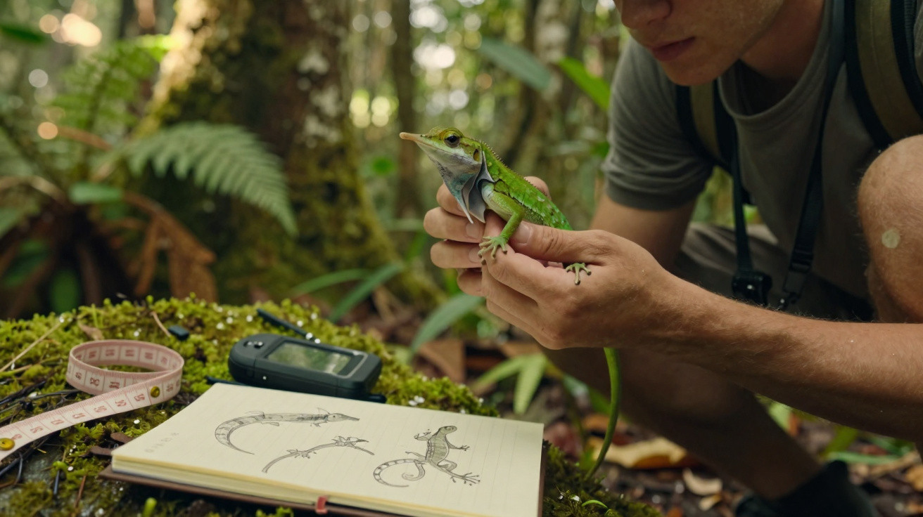 Forscher hält grünen Flugdrachen und skizziert ihn im Notizbuch im dichten Wald.