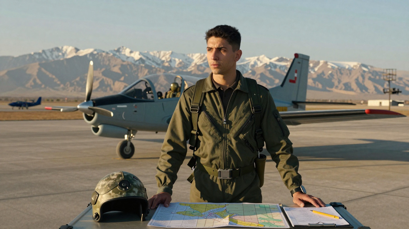 Pilot in Fluganzug steht vor Kleinflugzeug mit Helm und Karte auf Tisch, Bergpanorama im Hintergrund.