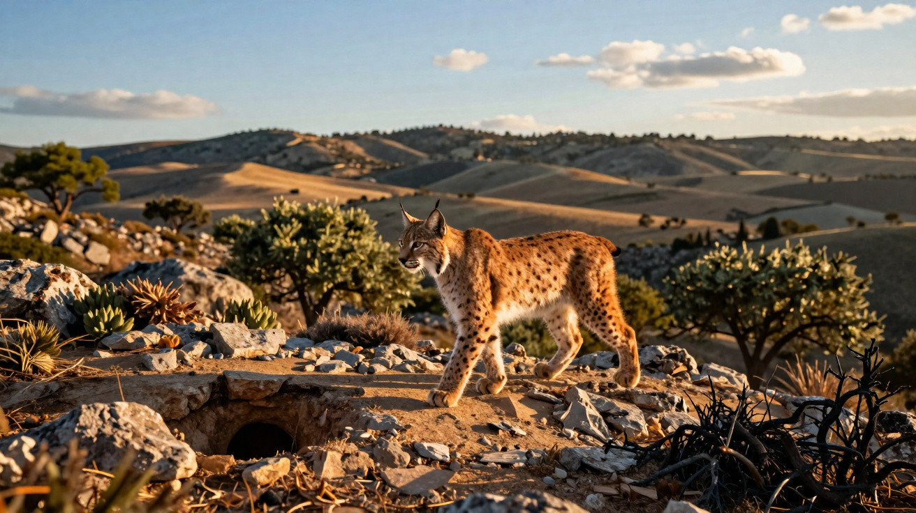 Luchs steht auf felsigem Gelände in einer sonnenbeschienenen, hügeligen Landschaft mit Bäumen.