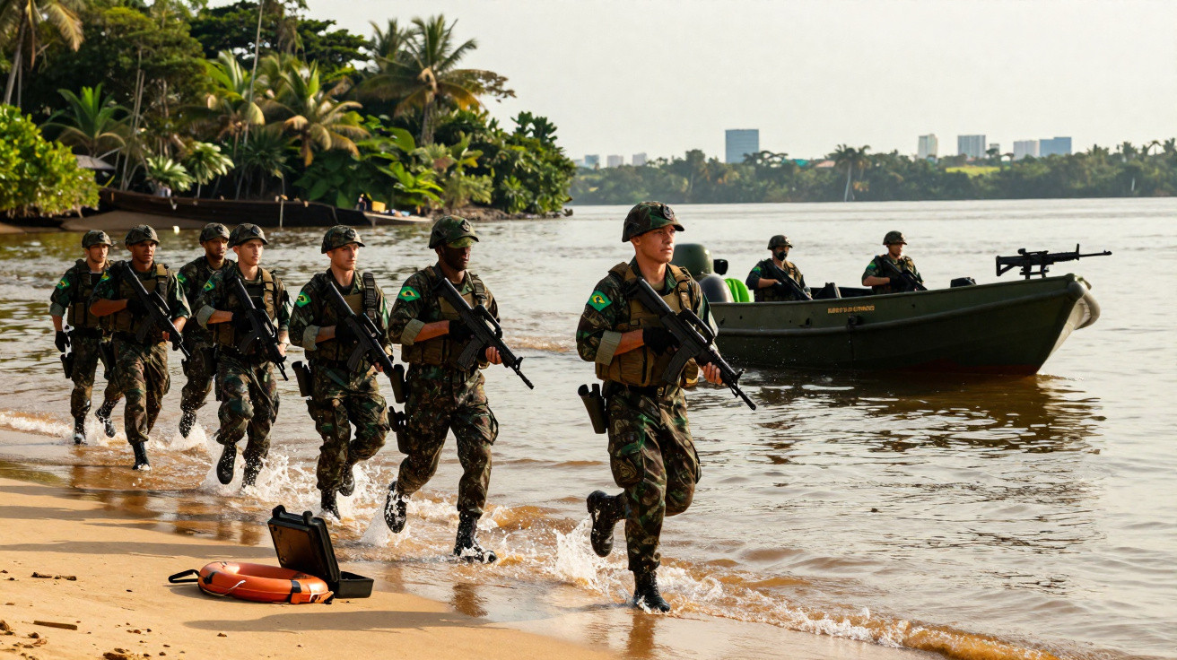 Soldaten in Tarnuniformen rennen am Strand entlang, daneben ein Boot mit zwei weiteren Soldaten auf dem Wasser.