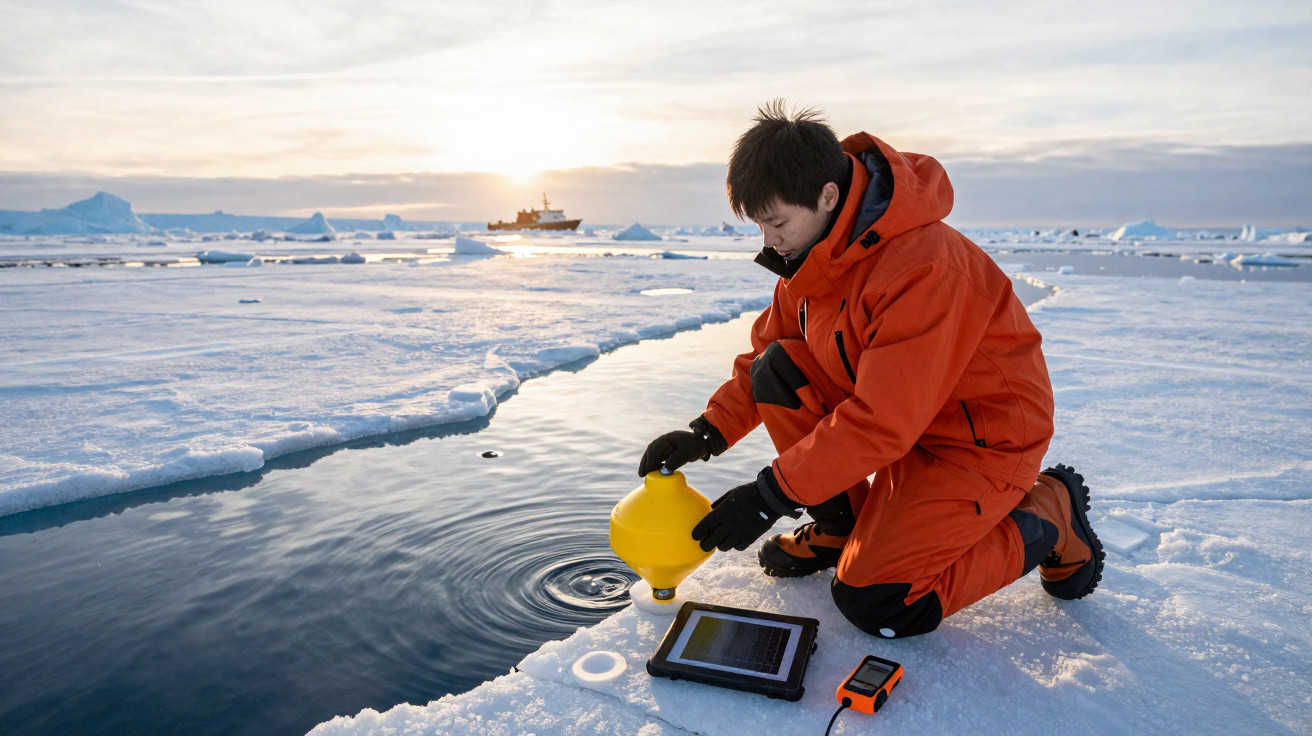 Forscher in orangem Anzug entnimmt Wasserprobe aus Polarmeer, Eislandschaft und Forschungsschiff im Hintergrund.
