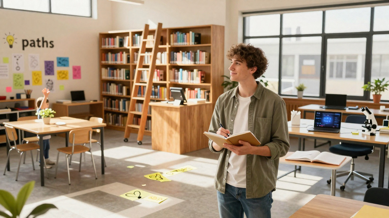 Junger Mann steht mit Notizbuch in hellem, modernem Klassenraum mit Büchern, Computer und Lernmaterialien.