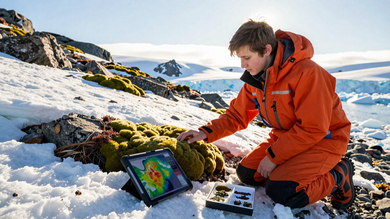 Forscher im orangen Overall untersucht Moos im Schnee mit Tablet und Probenbox in eisiger Berglandschaft.