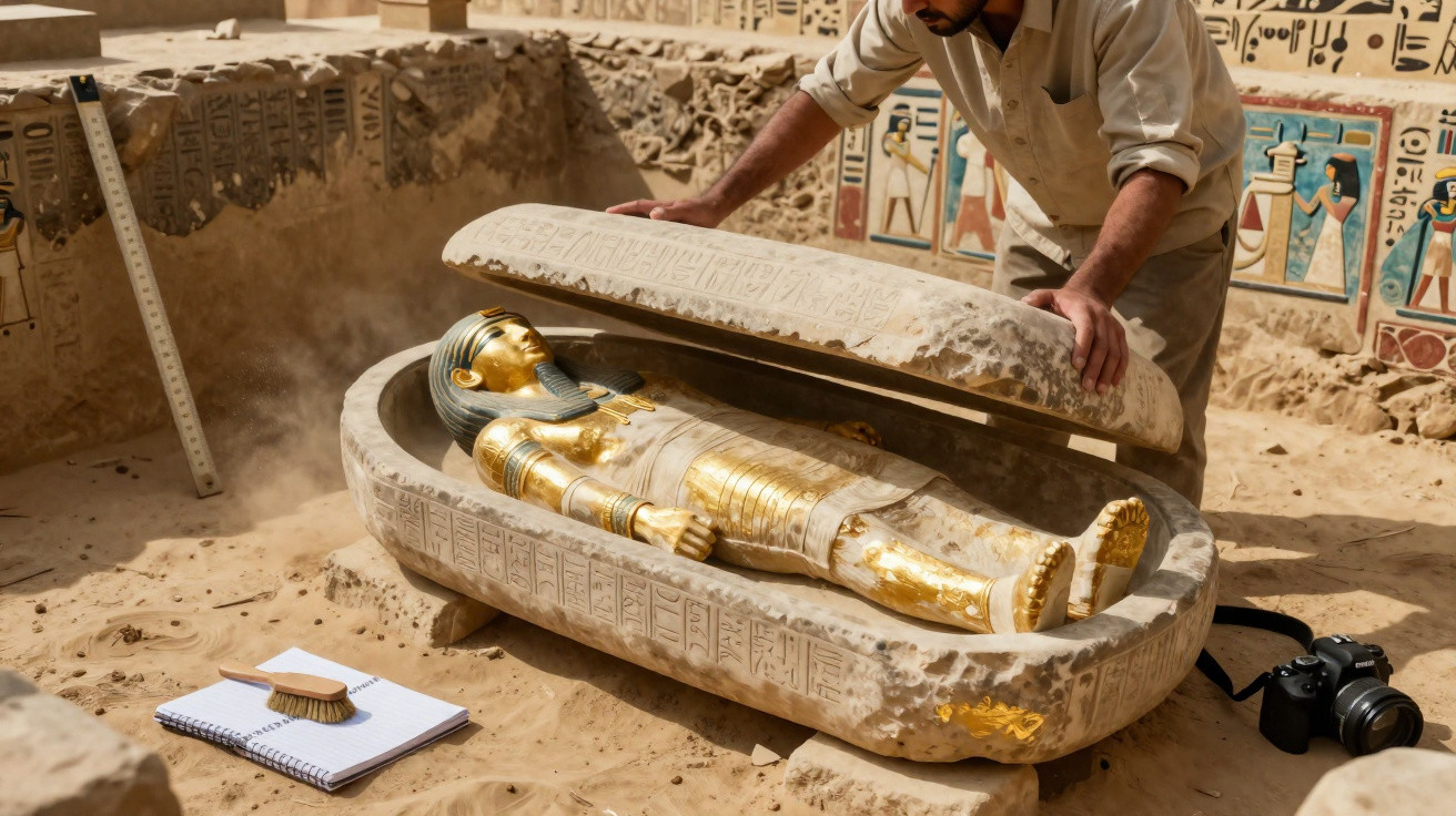 Archäologe hebt den Deckel eines mit Hieroglyphen verzierten Sarkophags mit goldener Mumie in altägyptischem Grab.