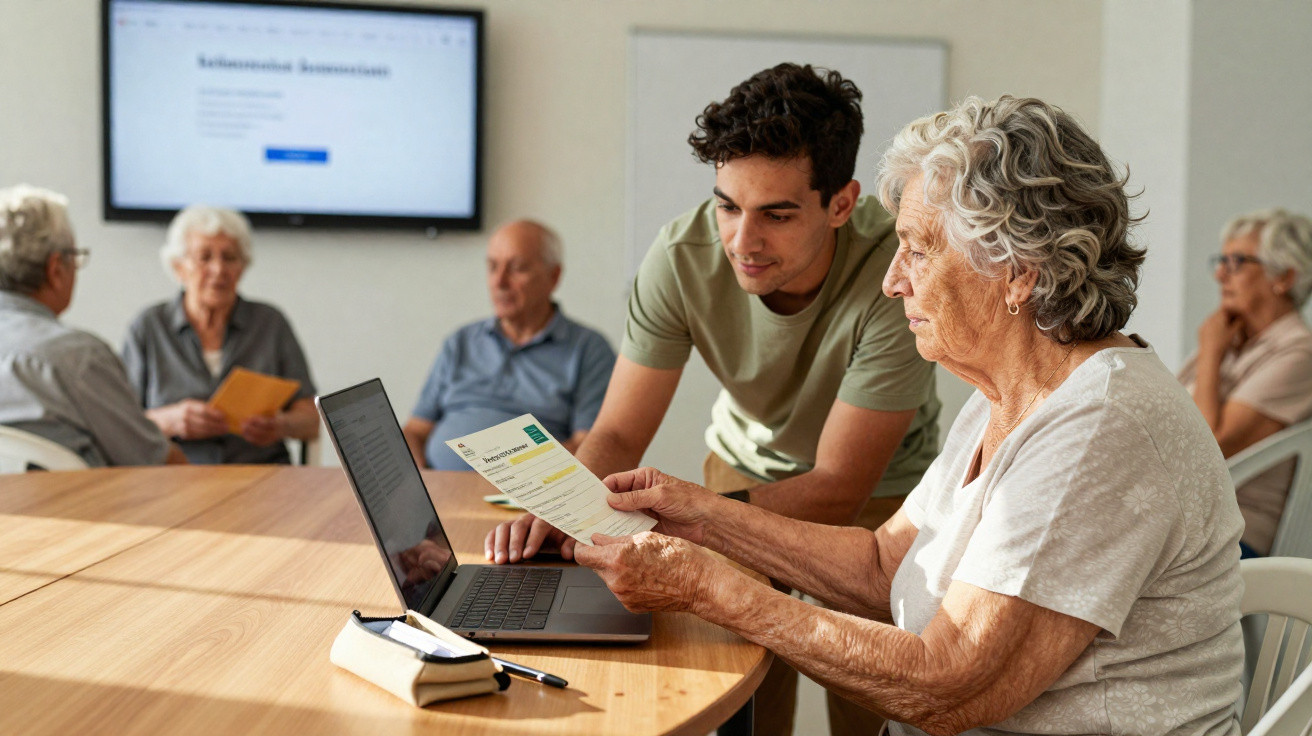 Junger Mann erklärt älterer Frau Informationen am Laptop in einem Raum mit weiteren Senioren.