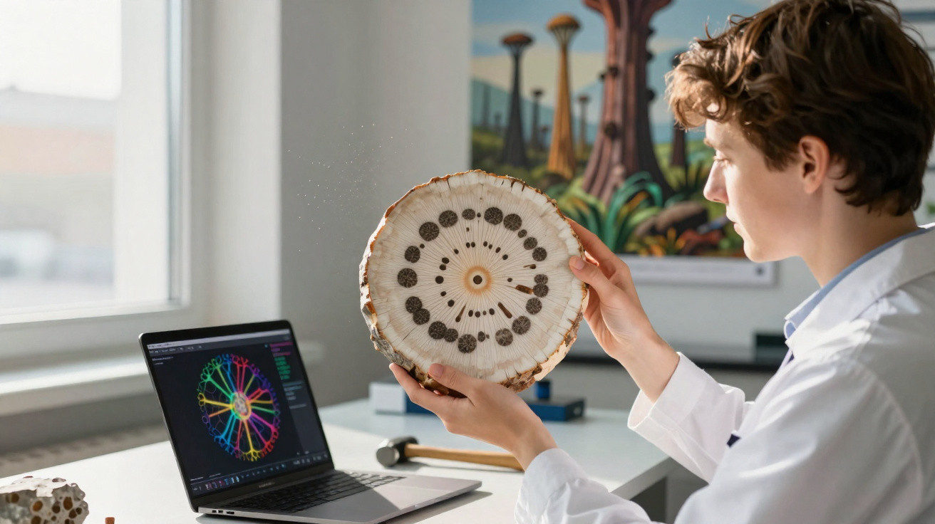 Junge Wissenschaftlerin untersucht Baumscheibe, neben Laptop mit buntem Datenmodell auf Bildschirm.