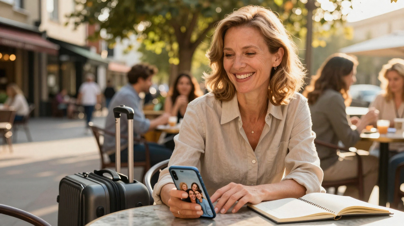 Lächelnde Frau sitzt mit Koffer im Straßencafé und schaut auf ihr Smartphone mit Familienfoto.
