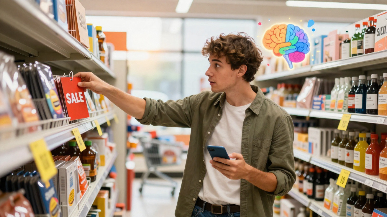 Junger Mann mit Smartphone betrachtet Sale-Schild im Supermarktregal mit Getränken und Lebensmitteln.