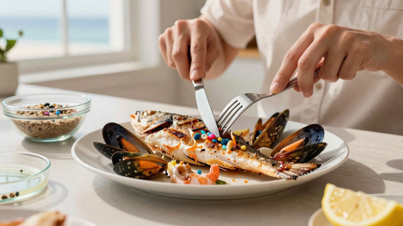Person schneidet gebratenen Fisch mit Muscheln und bunten Zuckerstreuseln auf weißem Teller.