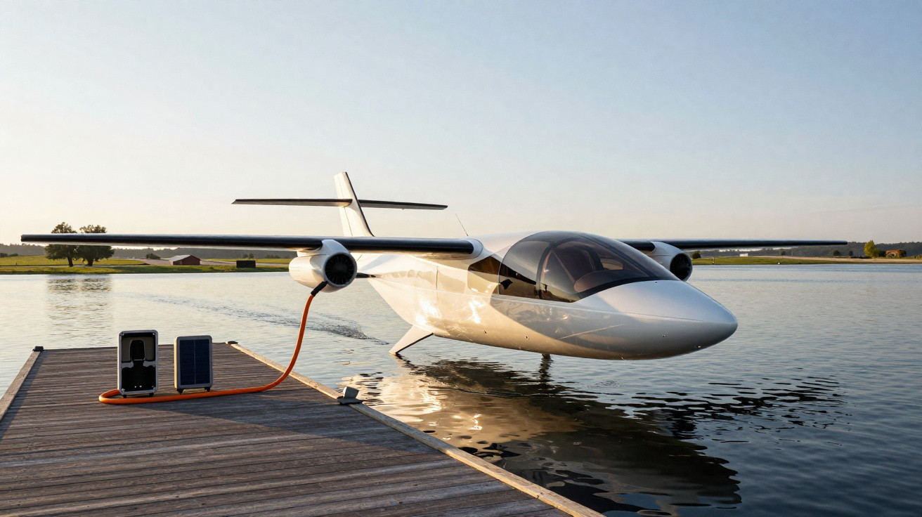 Modernes weißes Wasserflugzeug dockt an Steg an und lädt elektrisch am ruhigen See bei Sonnenuntergang.