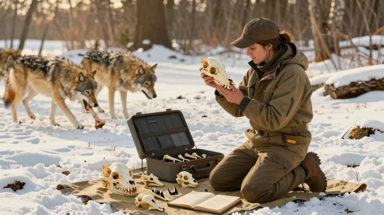 Frau untersucht Tierknochen mit Wolf im Hintergrund im verschneiten Wald.