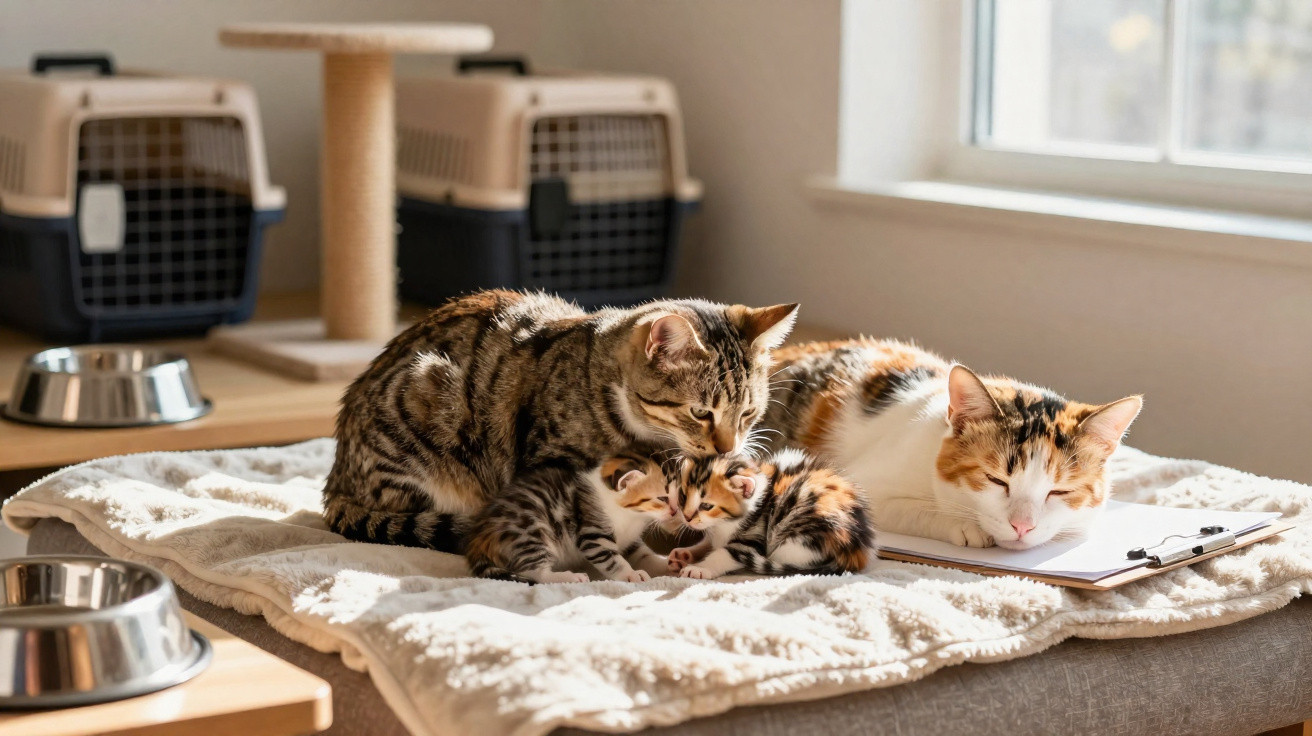Drei Katzen, darunter zwei Kätzchen, liegen auf einer Decke in sonnigem Raum mit Katzentransportboxen im Hintergrund.