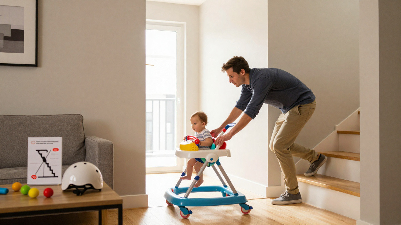 Mann schiebt lachendes Baby im Lauflernwagen einen Flur mit Treppe hinunter.