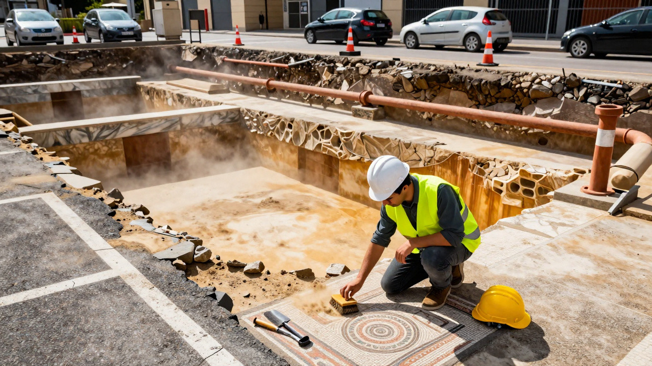 Archäologe in Schutzkleidung untersucht ein antikes Mosaik auf einer Baustelle in der Stadt.
