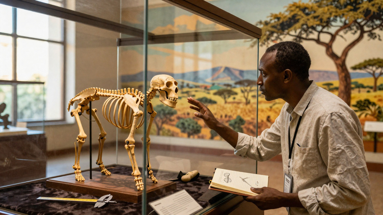 Mann untersucht ein Skelett in einer Vitrine in einem naturhistorischen Museum mit Wandgemälde im Hintergrund.